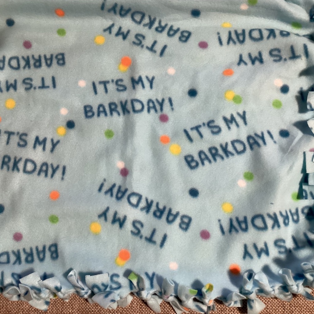 Handmade fleece tie blanket  - Size 19” x 24”  ITS MY BARKDAY  Blue
